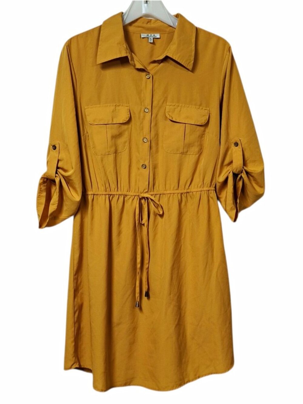 Womens XL Mustard Yellow Shirt Dress Roll Tab Sleeve Drawstring Waist